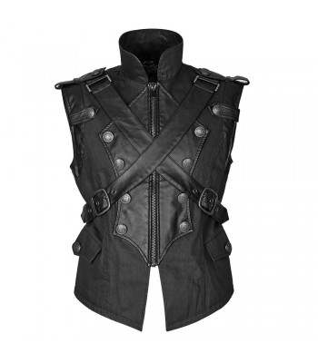 Mens Dieselpunk Military Waistcoat Vest Black Gothic Steampunk Leather 